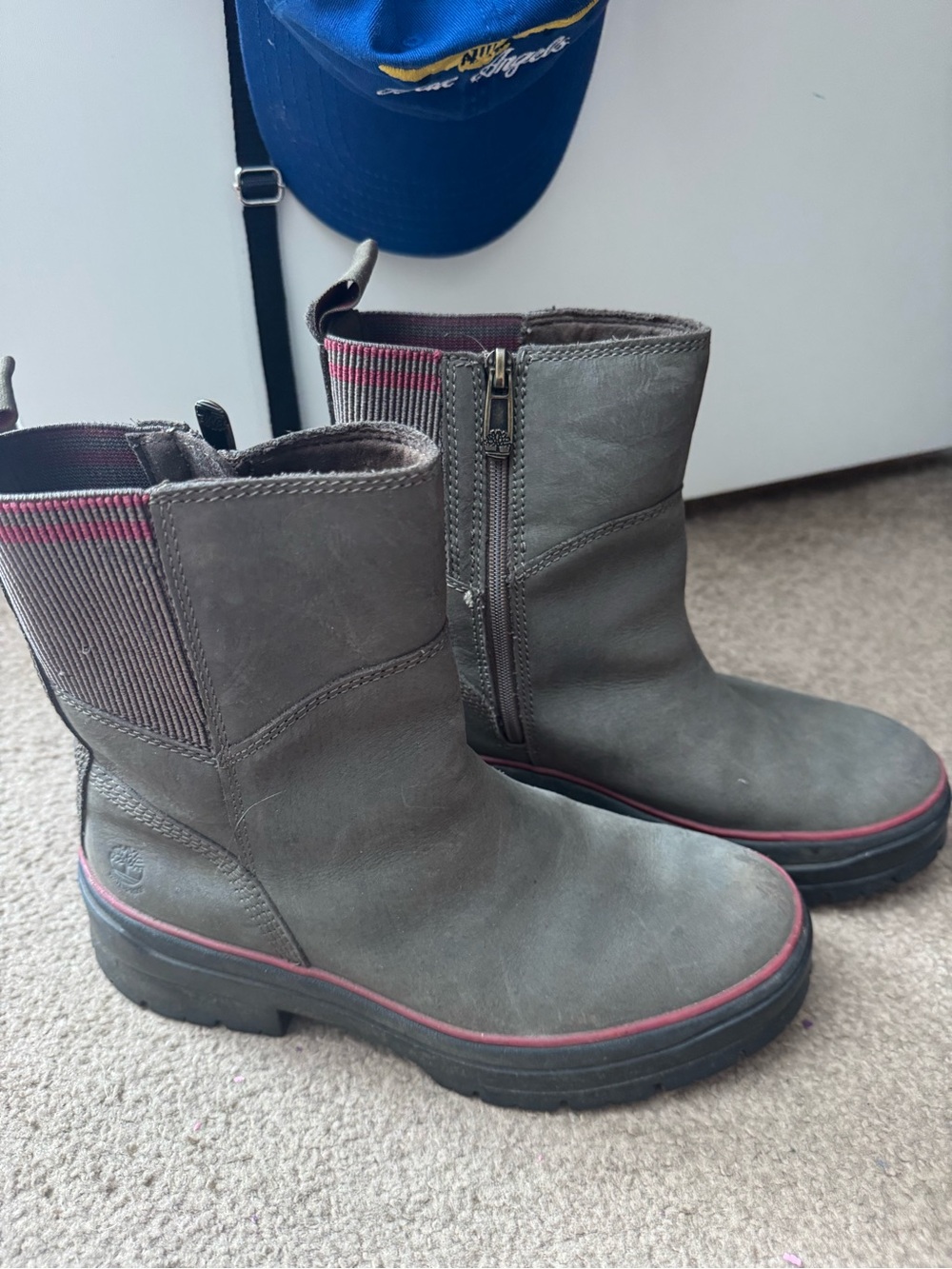 Timberland Gray Leather Ankle Boots with Pink Trim